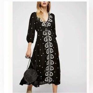 Free People Fable Embroidered Midi‎ Dress Womens Size XS Boho Cottagecore Flowy